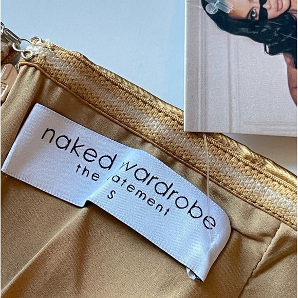 Naked Wardrobe The statement Gold Strapless Side Rouche Mini Dress Size Small - Picture 7 of 8